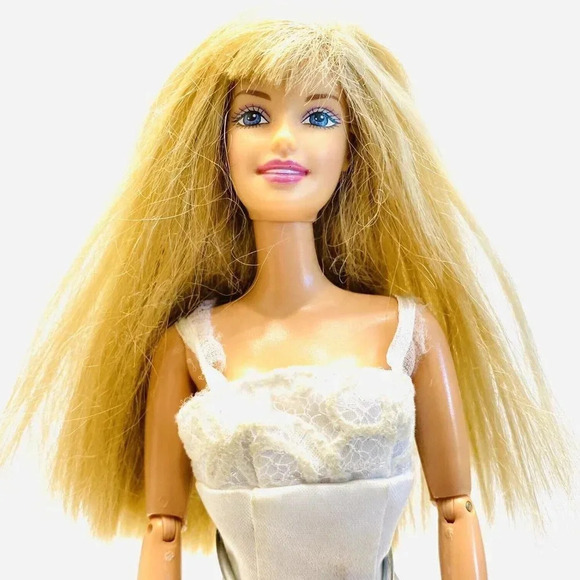 MATTEL BARBIE Doll White Gown 12"Tall Blonde Hair Purple Eyes Articulated Elbows - Picture 2 of 12